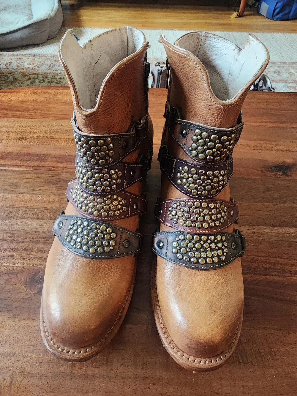 freebird Grady Tan Leather Studded Strap Ankle Boots